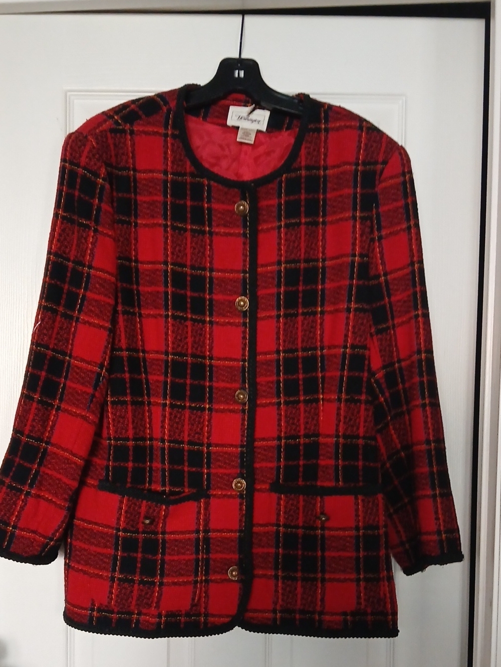 Worthington Red and Black Plaid Tweed Jacket with Gold Buttons